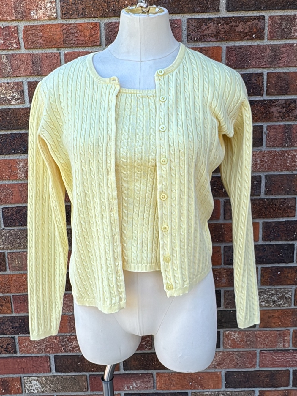 Vintage Y2K GAP Butter Yellow Cable Knit Cardigan and Tank Set